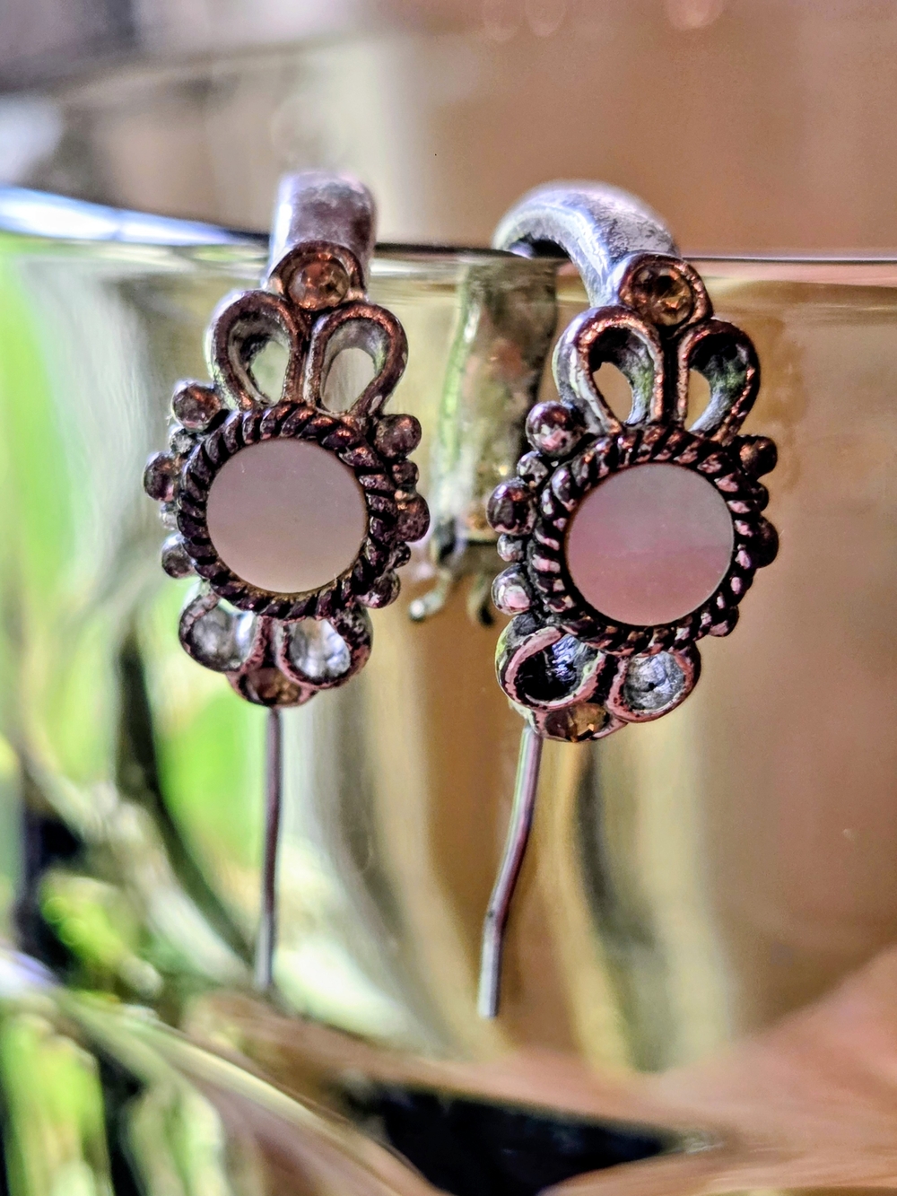 Silver Floral Mother-of-Pearl Drop Earrings - Pink Accents